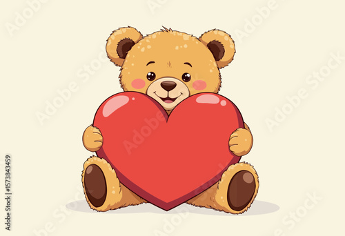 Cute cartoon bear holding red heart and smiling happily  