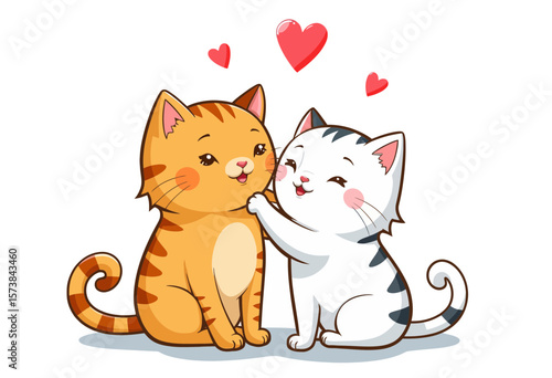 Cute cats showing affection with hearts in a playful scene  
