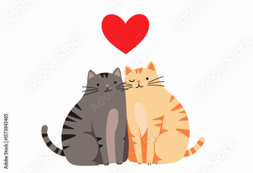 Cartoon cats cuddling together with a red heart above them  