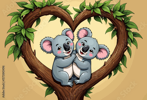 Two cute koalas cuddling in heart-shaped tree with leaves  