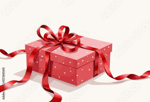 Red gift box with polka dots and ribbon on a soft background  