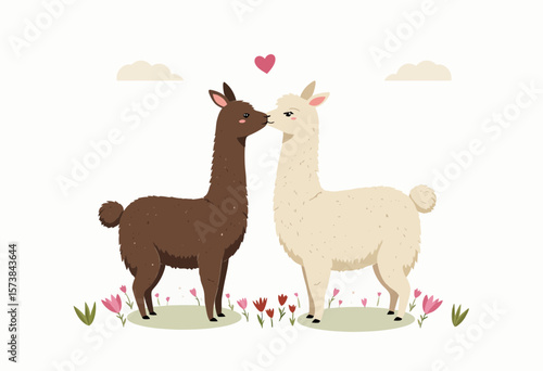 Cute llamas kissing with hearts and flowers in a playful design  