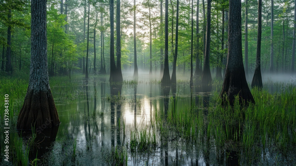 Obraz premium Ethereal cypress swamp landscape with morning mist reflecting in the water