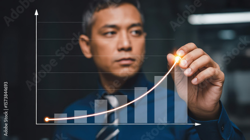 Businessman analyzing growth trends with graph, showcasing determination and focus. 2026