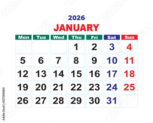 January 2026 calendar page template, simple monthly planner layout, clean date grid design, business and personal organizer use