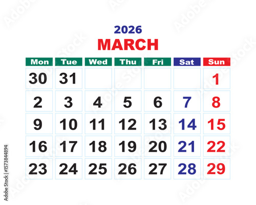 March 2026 calendar page template, simple editable monthly layout with weekday and weekend color coding