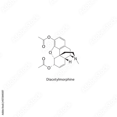Diacetylmorphine skeletal structure. Opioid compound schematic illustration. Simple diagram, chemical formula.