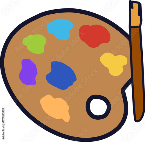 Cartoon Painter's Palette with Colorful Paint and Brush Illustration