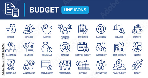 Budget line icon set. Containing savings, expenses, income, allocation, money management, financial planning, cost estimate and more. Outline vector icons collection.