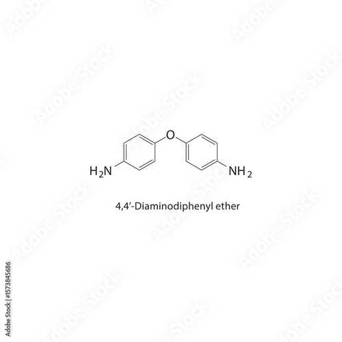 4,4’-Diaminodiphenyl ether skeletal structure. Aromatic amine compound schematic illustration. Simple diagram, chemical formula.