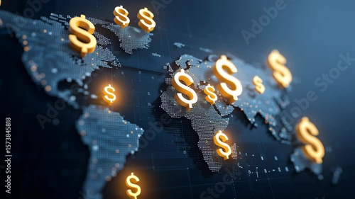 Global trade small business. Digital world map with glowing golden dollar signs highlighting global finance, economy, and digital connections in futuristic global economy sign