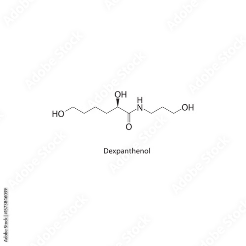 Dexpanthenol skeletal structure. Vitamin B5 derivative compound schematic illustration. Simple diagram, chemical formula.