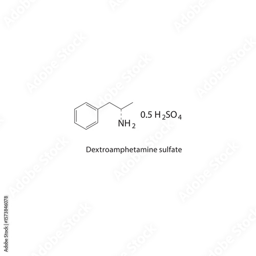 Dextroamphetamine sulfate skeletal structure. Stimulant compound schematic illustration. Simple diagram, chemical formula.