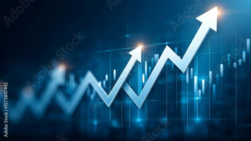 Global trade small business. Rising arrow with glowing tips on blue digital financial chart background showing growth, success, and investment in business finance trends