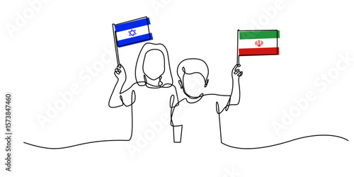 continuous line of peace war israel and iran. one line drawing of children carrying israel and iran flag. stop israel and iran war. world peace sign line art