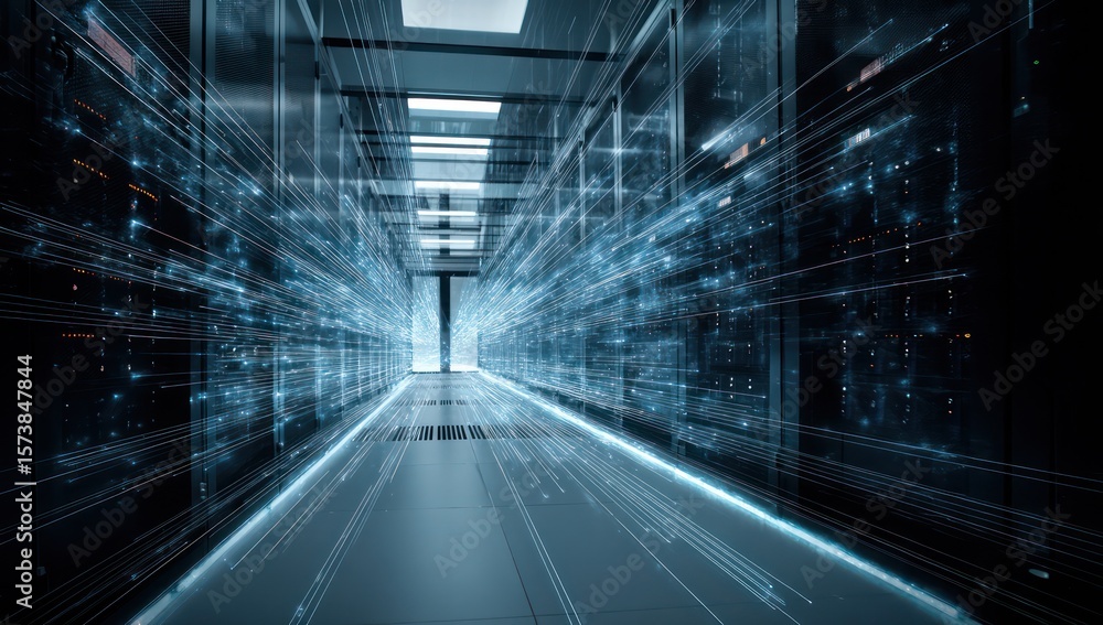 Cutting-edge data center displaying continuous digital connections and real-time data flows. Cutting-edge data center displaying continuous digital connections and real-time data flows.