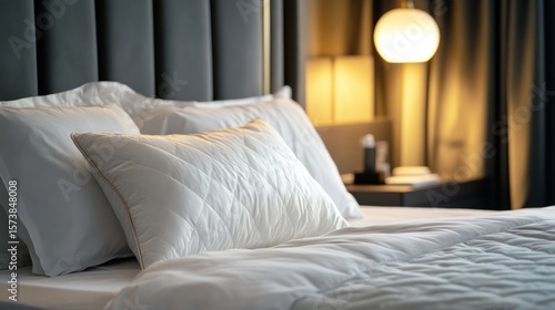 Serene hotel suite showcasing luxurious bedding and soft ambient lighting