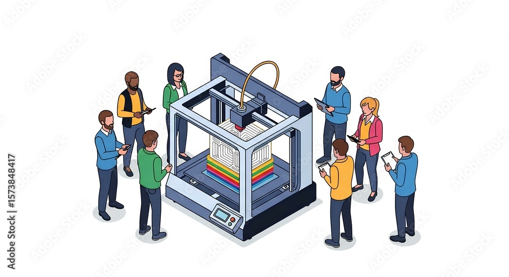 Obraz premium Isometric pixel art features a group gathered around 3D printer, innovation and technological advancement showcased in vibrant colors.