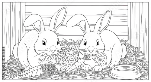 Two adorable rabbits munch on fresh carrots in a rustic hutch, creating a charming and whimsical line art illustration great for various creative projects.