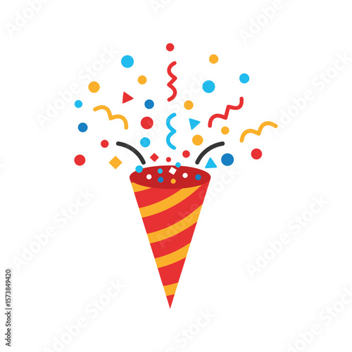 A party popper exploding with colorful confetti and streamers is isolated on white background, perfect for birthday celebrations and festive events