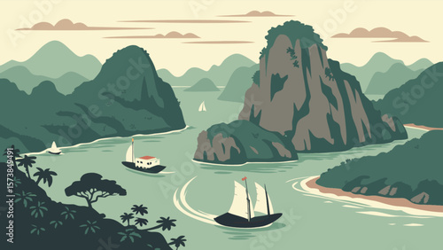 Halong bay vietnam landscape scenic travel destination with boats and limestone karsts illustration