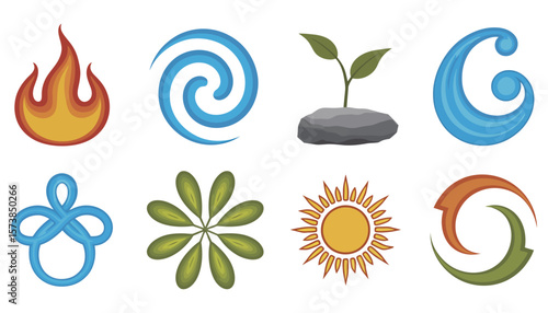 A versatile set of vector nature icons and symbols, perfect for eco-friendly designs, featuring elements like leaves, trees, flowers, and water