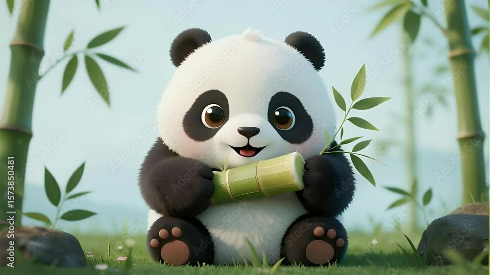 Cute Panda Cub Eats Bamboo in Lush Bamboo Forest Cute Panda Cub Eats Bamboo in Lush Bamboo Forest