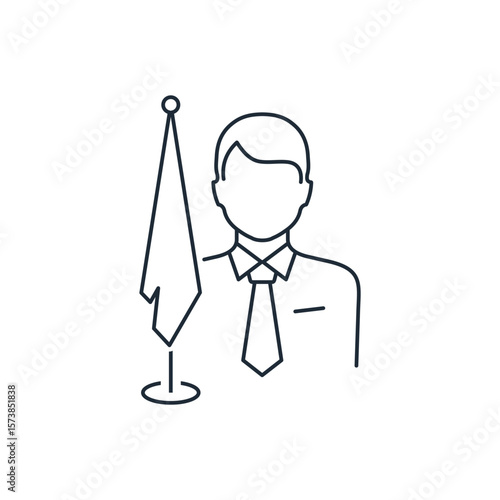 Man with state flag. Official, congressman, member of parliament. Representative of the state, company. Vector linear icon illustration isolated on white background.