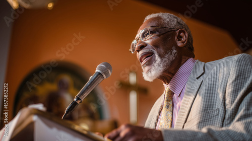 Senior African American pastor delivering sermon with microphone in church with cross in background during religious service