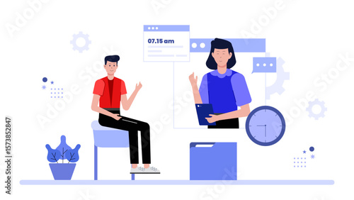 Remote team aligning goals in sprint planning meeting, flat vector illustration