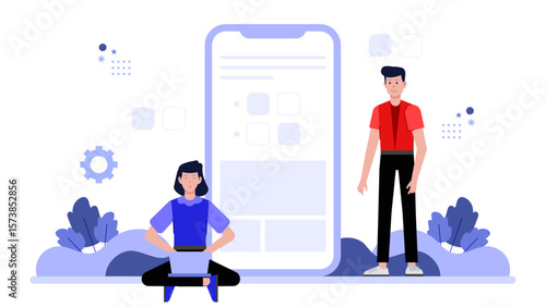 Startup founder reviewing app store launch checklist, flat vector illustration