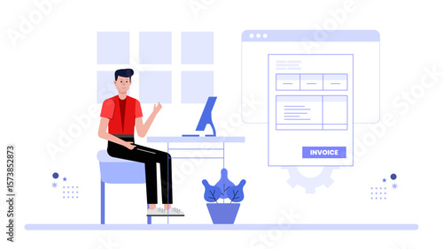 Freelancer preparing digital invoice for services rendered, flat vector illustration