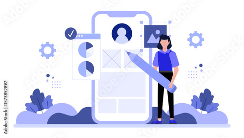 UX designer testing mobile app navigation flow, flat vector illustration