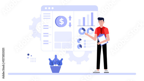 Finance team creating monthly budget allocation chart, flat vector illustration