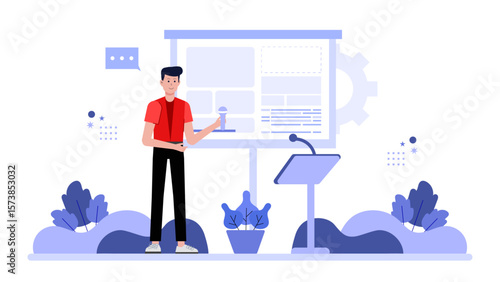 CEO announcing new company direction in press release, flat vector illustration