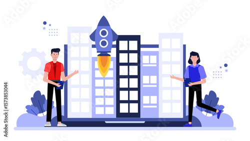 Startup hosting virtual networking event for founders, flat vector illustration