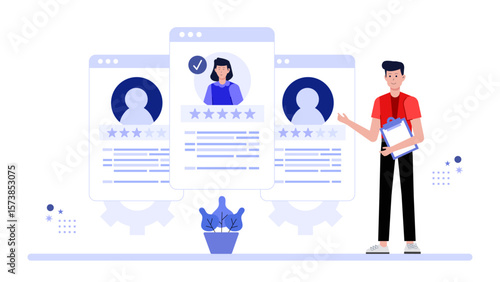 HR specialist updating employee benefits information, flat vector illustration