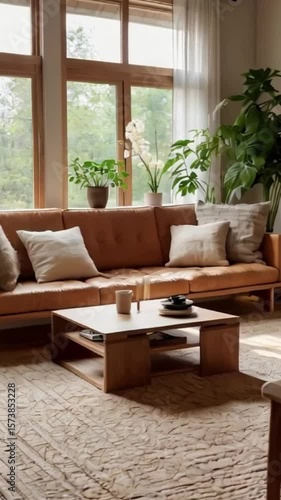 Modern living room interior with comfortable furniture, a stylish sofa illuminated by natural light from the window