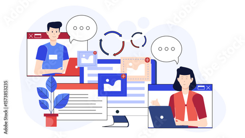 Remote team sharing updates in async workspace, flat vector illustration