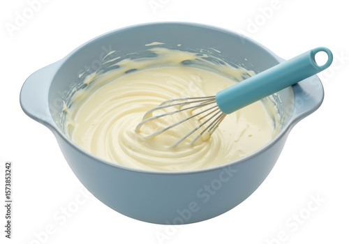 A light blue bowl holds creamy batter, a whisk rests inside isolated on transparent background