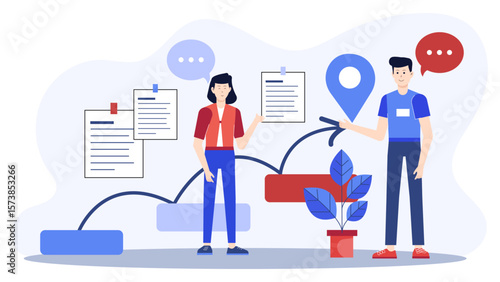 Employees discussing milestones on shared roadmap, flat vector illustration