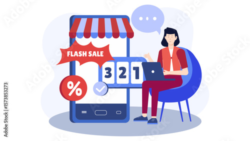E-commerce seller managing flash sale countdown, flat vector illustration