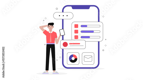 Startup founder reviewing app store launch checklist, flat vector illustration