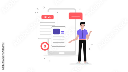 Freelancer preparing digital invoice for services rendered, flat vector illustration