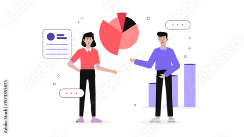 Employees discussing milestones on shared roadmap, flat vector illustration