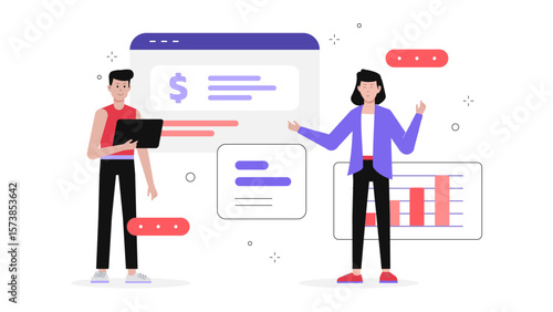 Finance team creating monthly budget allocation chart, flat vector illustration