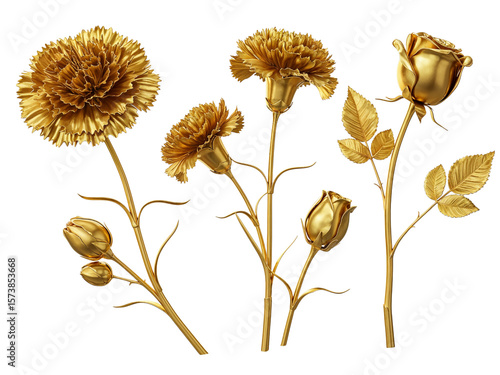 Collection of golden carnations and roses with buds and leaves isolated on transparent background