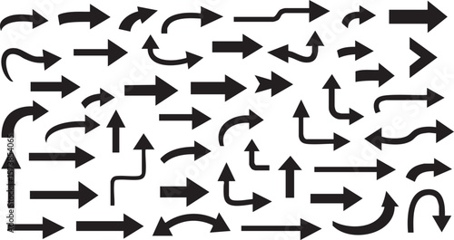 Vector art of a comprehensive collection of diverse black arrow icons, indicating direction, movement, and various navigational concepts isolated on transparent background
