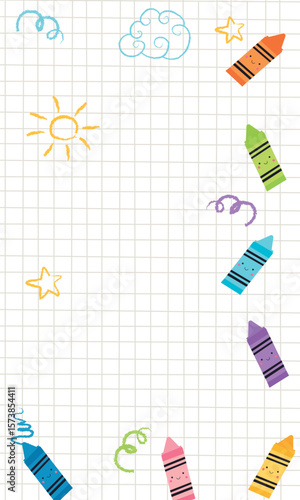 fondo vertical de hoja cuadriculada, con marco de  dibujos y crayones de colores 