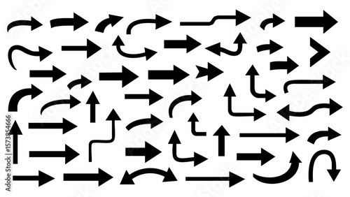 Vector art of a comprehensive collection of diverse black arrow icons, indicating direction, movement, and various navigational concepts isolated on transparent background